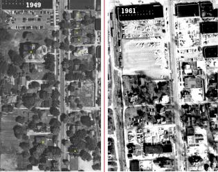 CLICK TO ENLARGE. Demolition of S College Ave can be seen in this 1949 v 1961 aerial comparison.